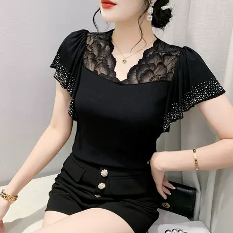 时尚荷叶边T恤女短袖夏季性感网纱上衣重工烫钻V领小衫别致体恤潮商品大图