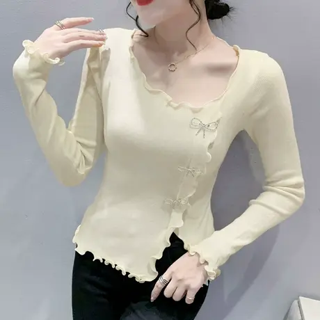 木耳边针织打底衫女长袖设计感不规则开叉上衣别致洋气紧身毛衣秋商品大图