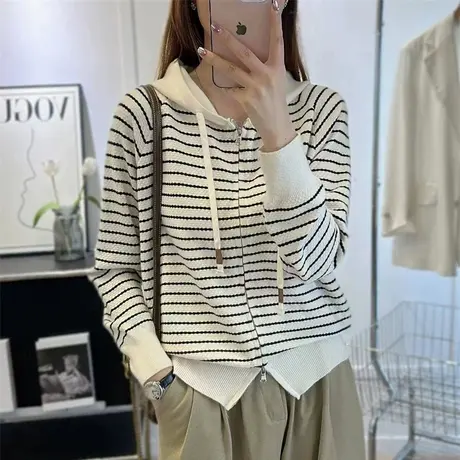 秋装女2023年新款条纹连帽毛衣针织开衫外套女上衣设计感小众春秋商品大图