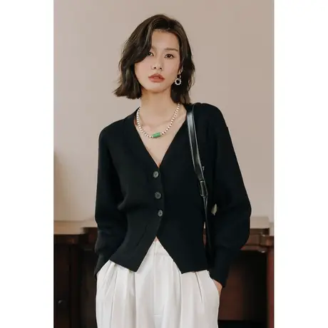 弥古黑色v领毛衣女外套开衫修身打底针织衫秋冬法式高级收腰上衣商品大图