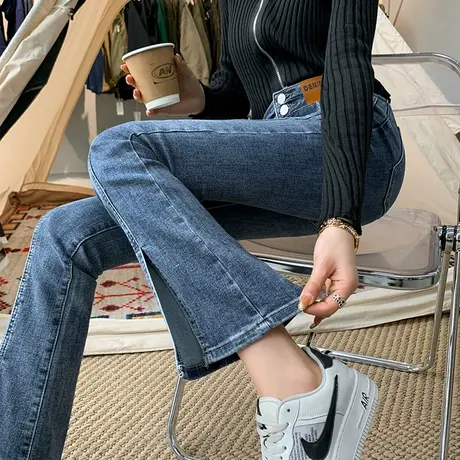 复古开叉牛仔裤女春2023年新款高腰显瘦小个子阔腿马蹄chic喇叭裤商品大图