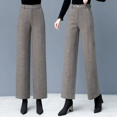 人字纹阔腿裤女高腰修身黑色百搭直筒休闲长裤2023秋冬新款毛呢裤图片