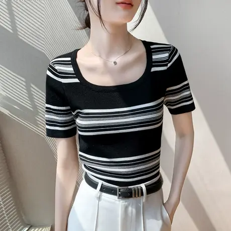 条纹短袖T恤女2023夏季新款韩版宽松休闲内搭方领半袖针织上衣薄商品大图