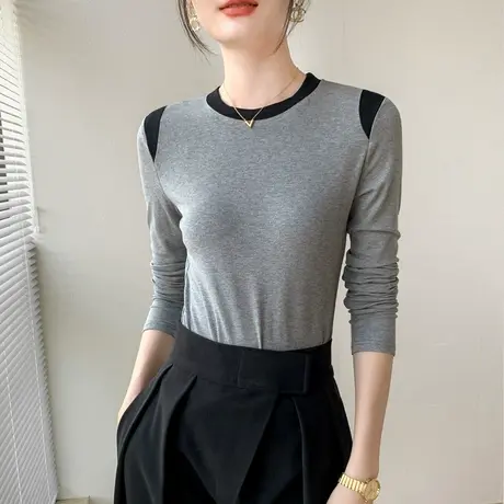 小圆领撞色拼接长袖T恤女2023早秋新品百搭修身显瘦西装内搭上衣商品大图