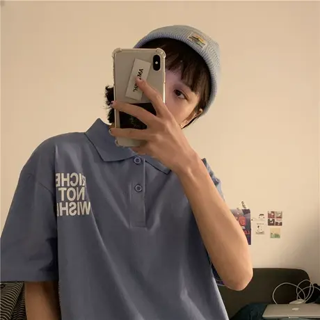 红续2020新款韩版宽松polo衫字母纯棉宽松短袖T恤女学生mschf上衣商品大图