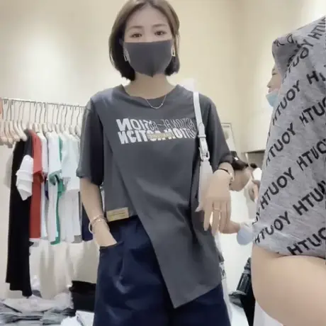 欧洲站2021夏季新款侧边开叉高腰设计感不规则百搭短袖t恤女潮ins商品大图