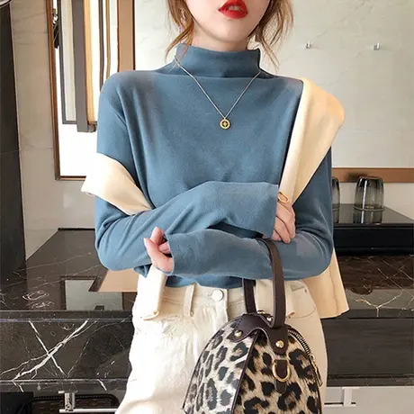 半高领打底衫长袖加绒秋冬季2023年新款女装内搭纯色外穿百搭上衣商品大图