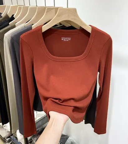 欧货螺纹短款方领短款打底衫女2022春秋新款修身长袖t恤小衫上衣图片