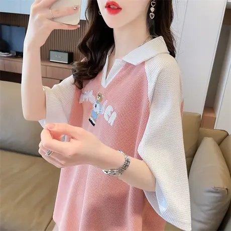小众设计感短袖t恤女夏季韩版宽松大码短款撞色翻领polo衫上衣服商品大图