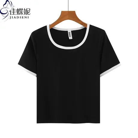 夏季新款韩版圆领拼接纯色修身纯棉短袖体恤上衣内搭女打底衫T恤商品大图