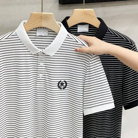 冰丝棉学院风黑白条纹翻领Polo衫男2023夏季商务休闲有领短袖t恤商品大图