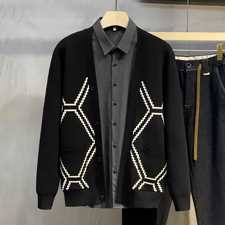 提花设计师款2023春秋季新款针织开衫男外套韩版修身帅气潮流毛衣商品大图