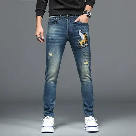 美式刺绣修身小脚牛仔裤男士休闲春夏时尚裤子黑色百搭个性牛仔裤商品大图