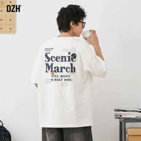 男士新款白色t恤男夏季薄款宽松上衣五分袖半袖男款短袖美式高街商品大图