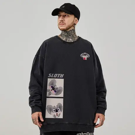 港风圆领卫衣男潮牌重磅大码男装卡通情侣春秋季加绒复古水洗做旧商品大图