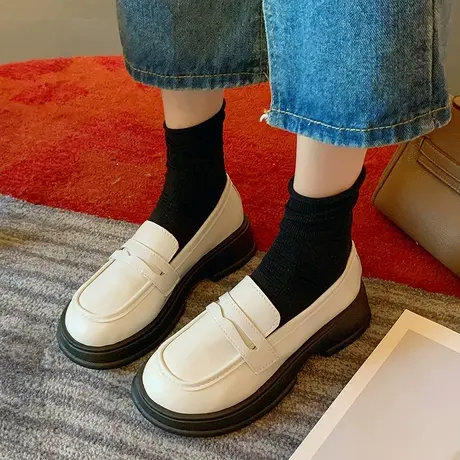 厚底英伦风小皮鞋女夏2023年新款粗跟秋季休闲百搭黑色单鞋乐福鞋图片