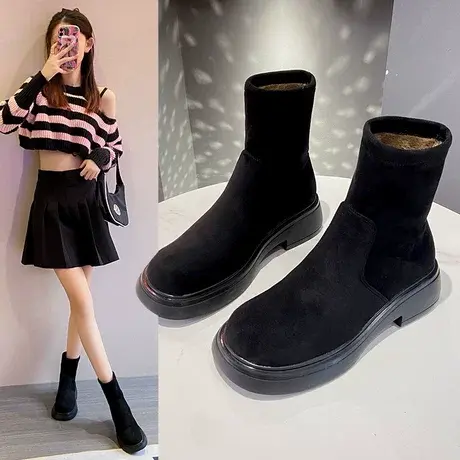 马丁靴女2023年新款英伦风春秋单靴烟筒靴夏季薄款显瘦瘦厚底短靴商品大图