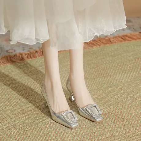 包头单鞋2023年夏季新款漆皮亮面细跟高跟鞋女时尚水钻浅口一脚蹬商品大图