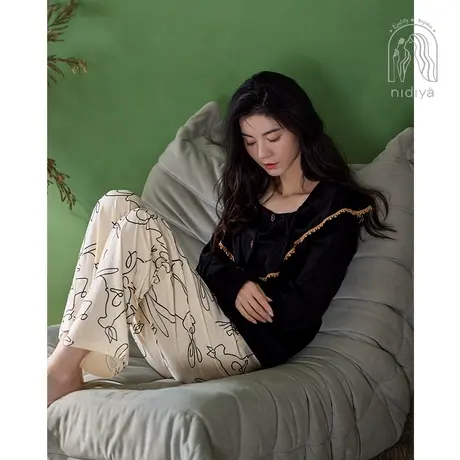 妮狄娅2023睡衣女秋季纯棉长袖方领开衫可外穿宽松春秋家居服套装商品大图