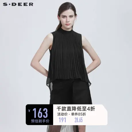 sdeer圣迪奥夏装休闲风琴褶雪纺黑色衬衫女设计感小众S21280606商品大图