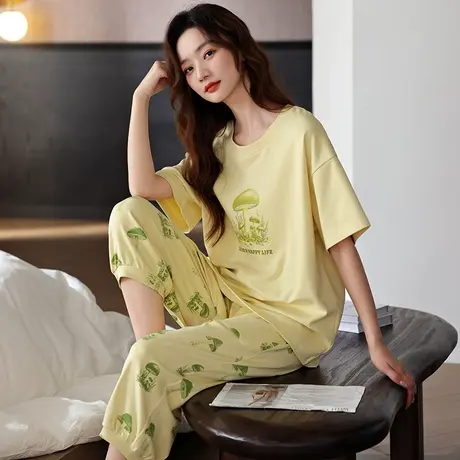 婷美夏季睡衣女士纯棉短袖七分裤圆领套头夏款外穿家居服韩系套装商品大图