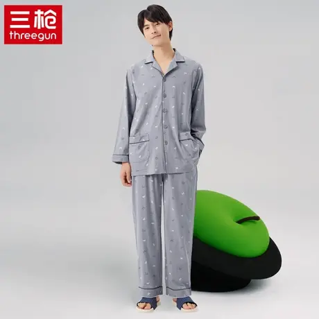 三枪纯棉男夏季家居服2023年新款翻领睡衣长袖长裤水柔棉开襟套装商品大图