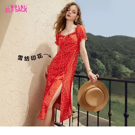 妖精的口袋红色雪纺碎花连衣裙女2023夏季新款方领性感气质显瘦潮商品大图