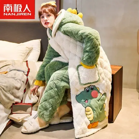 南极人珊瑚绒睡衣女士冬季三层夹棉加厚恐龙连帽睡袍法兰绒家居服图片