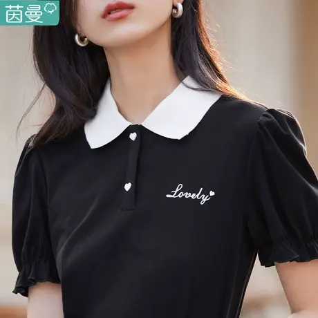 茵曼旗舰店撞色正肩T恤女2023年夏季新款泡泡袖短袖翻领上衣ins潮图片