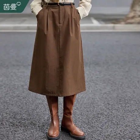 茵曼法式通勤开叉半身裙女2023年秋冬新款松紧高腰纯棉a字中长裙图片