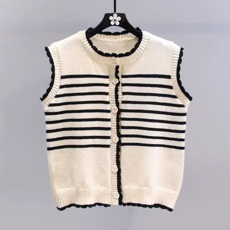 撞色条纹针织马甲女2023春装新款松显瘦休闲百搭无袖毛衣马夹开衫图片