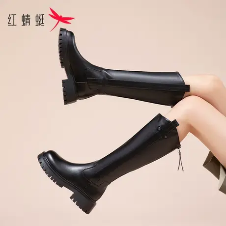 红蜻蜓长筒靴女加绒2023秋季新款v口粗腿显瘦大筒围春冬高筒长靴图片