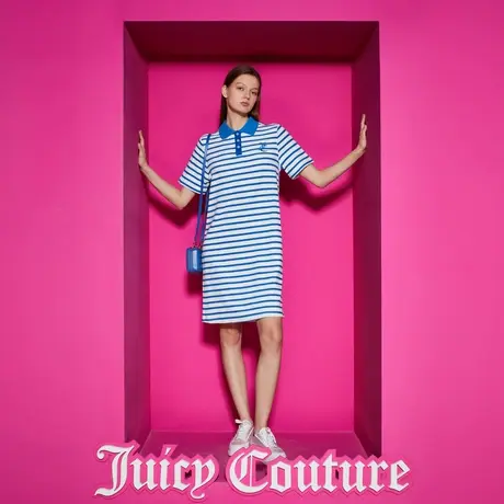 Juicy Couture橘滋新款海之镜撞色条纹直筒绣花连衣裙图片