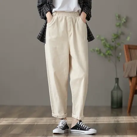 dza 高腰显瘦纯棉休闲裤子女士早秋新款百搭直筒裤复古宽松阔腿裤图片