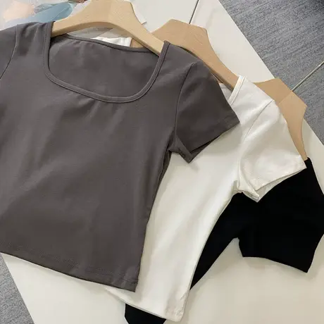 2023夏季新款打底小众短袖t恤女方领短款高腰辣妹紧身bm甜辣上衣商品大图