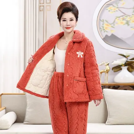睡衣女冬季中老年妈妈三层夹棉加厚加绒珊瑚绒保暖大码家居服套装商品大图
