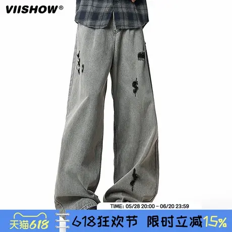 VIISHOW潮牌美式小狗刺绣水洗直筒牛仔裤男女复古宽松阔腿拖地裤商品大图