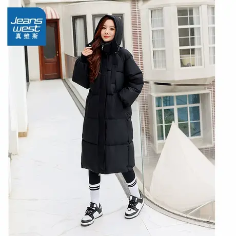 KF真维斯冬季女长款韩版保暖基础款纯色黑色耐脏棉服商品大图