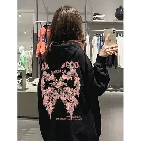 vintage美式卫衣女大码薄款连帽上衣潮牌ins嘻哈复古早秋新款外套商品大图