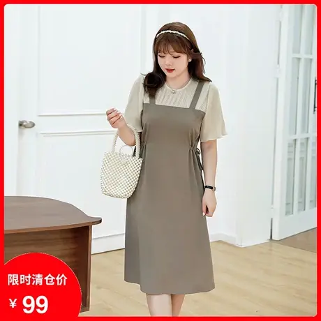 2023年夏装新款法式过膝盖长款抽绳雪纺短袖大码连衣裙显瘦胖MM图片