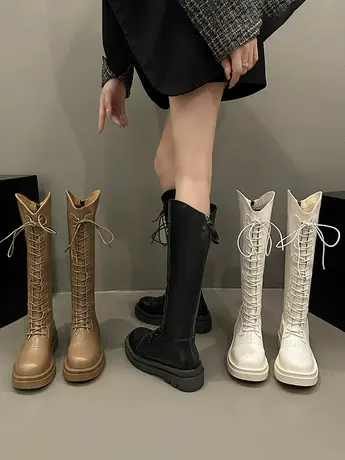 网红高筒瘦瘦靴女2023秋冬季新款欧美风绑带不过膝软皮长筒骑士靴图片