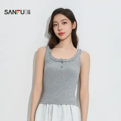 三福 女秋季木耳边纽扣宽肩背心 法式松弛感宽松上衣504755商品大图