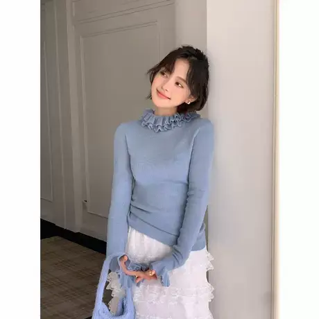 灰色花边领木耳边针织衫女早春新款设计感修身毛衣打底衫内搭上衣图片