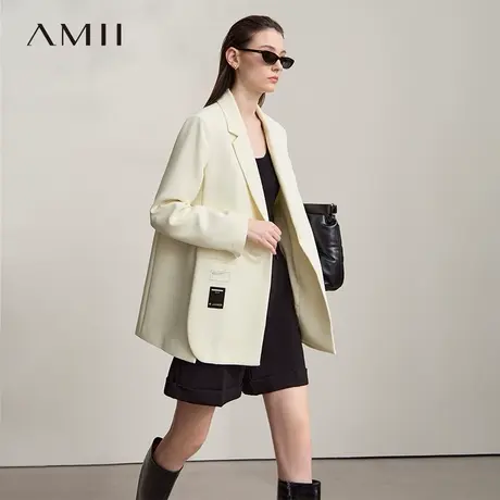 Amii2025秋新款翻驳领小宽肩垫肩开叉西装女布标装饰中长款上衣图片