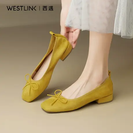 西遇黄色芭蕾单鞋女2025秋季新款蝴蝶结浅口平底鞋低跟配裙女鞋A图片