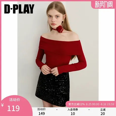 DPLAY2025年秋季新款红色t恤女一字肩露肩花朵飘带设计长袖上衣商品大图