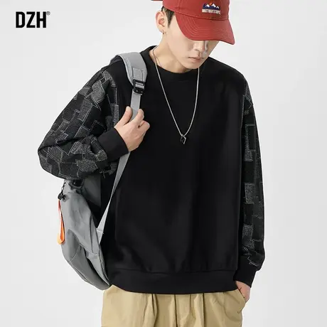 男士黑色假两件卫衣潮牌男美式重磅圆领宽松上衣春秋痞帅外套男装商品大图