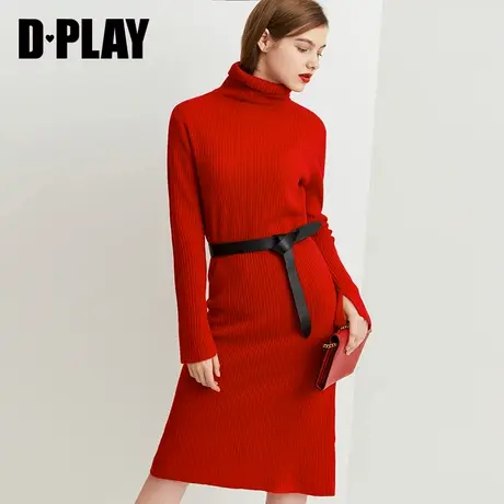 DPLAY德帕拉冬季新品正红色高领袖口开叉修身坑条针织连衣裙商品大图