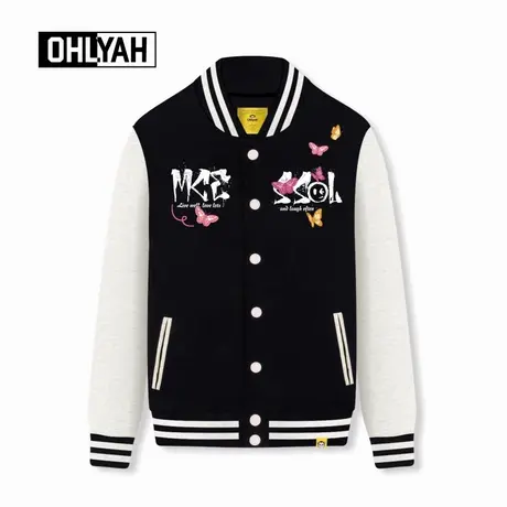 Ohlyah品牌春秋时尚笑脸蝴蝶英文印花情侣棒球服男女同款卫衣外套商品大图