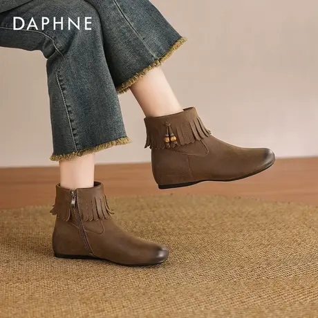 达芙妮洋气小短靴女2026新款秋季流苏踝靴平底瘦瘦靴子女士马丁靴图片